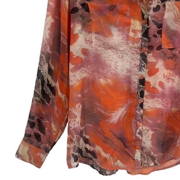 Bellatrix Orange Purple and Ivory Sheer Long Sleeve Buttondown Blouse Size S - Picture 3 of 10